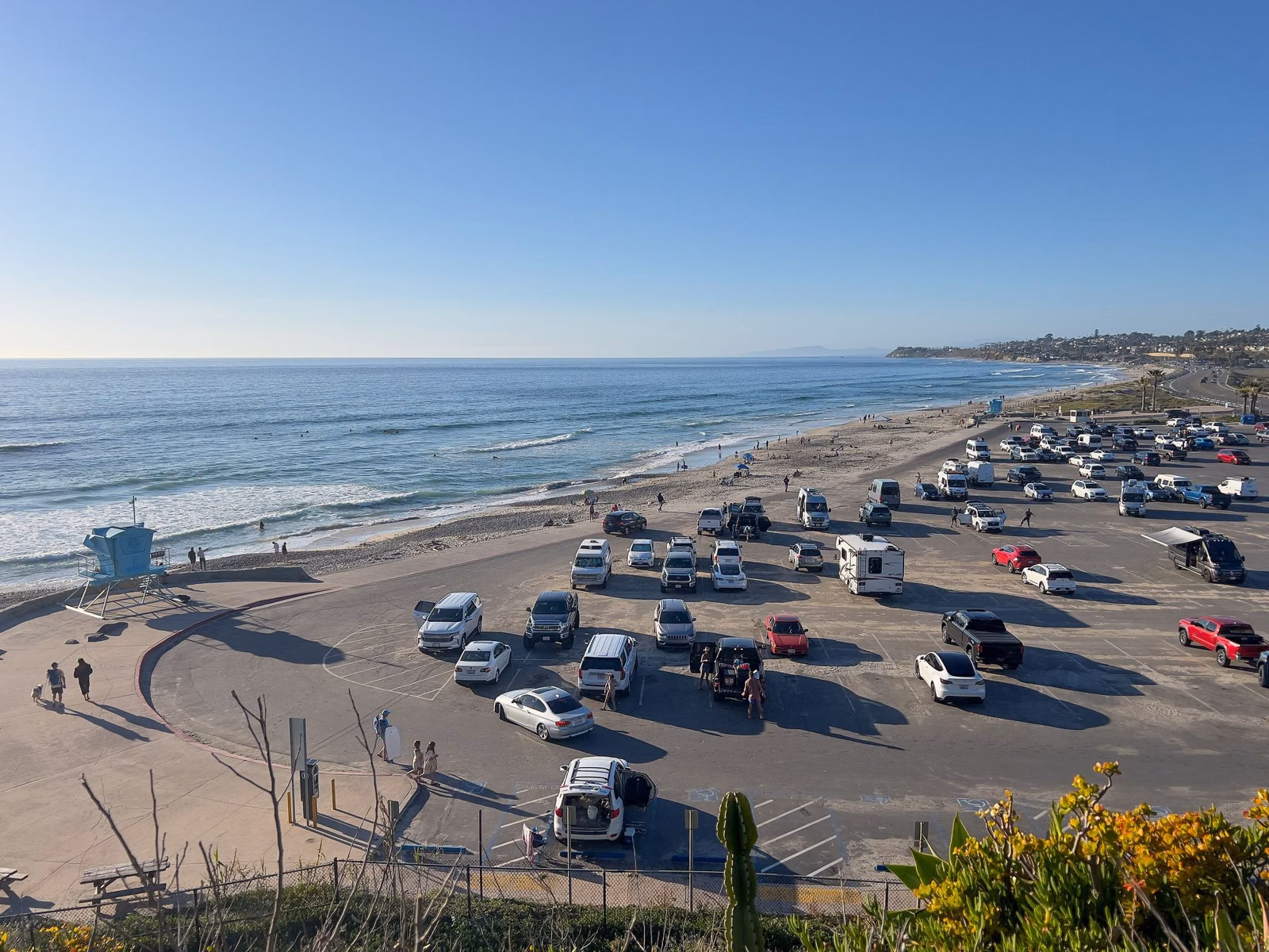 Beachfront parking lot beside a sandy beach on the north San Diego County coast on a clear day